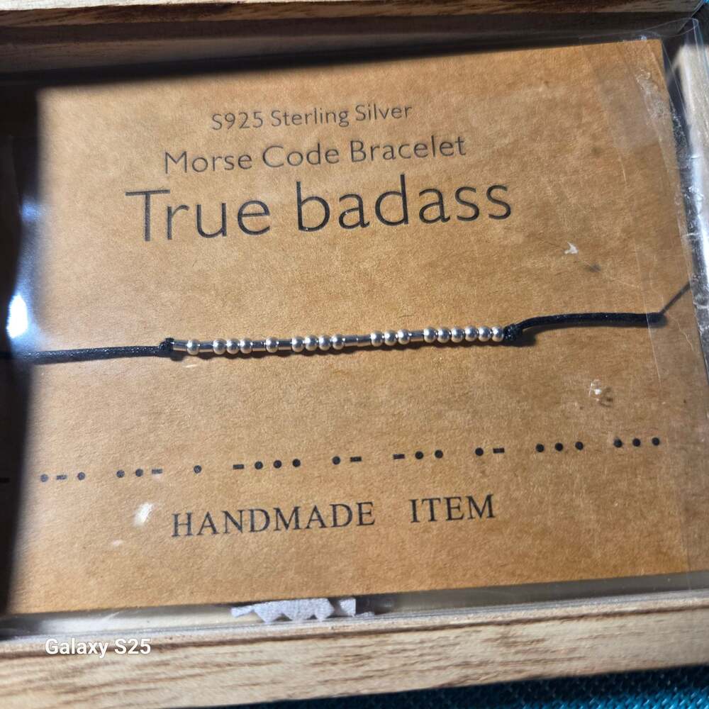 KGBNCIE S925 Sterling Silver Morse Code "True Badass" Handmade Bracelet in Wood